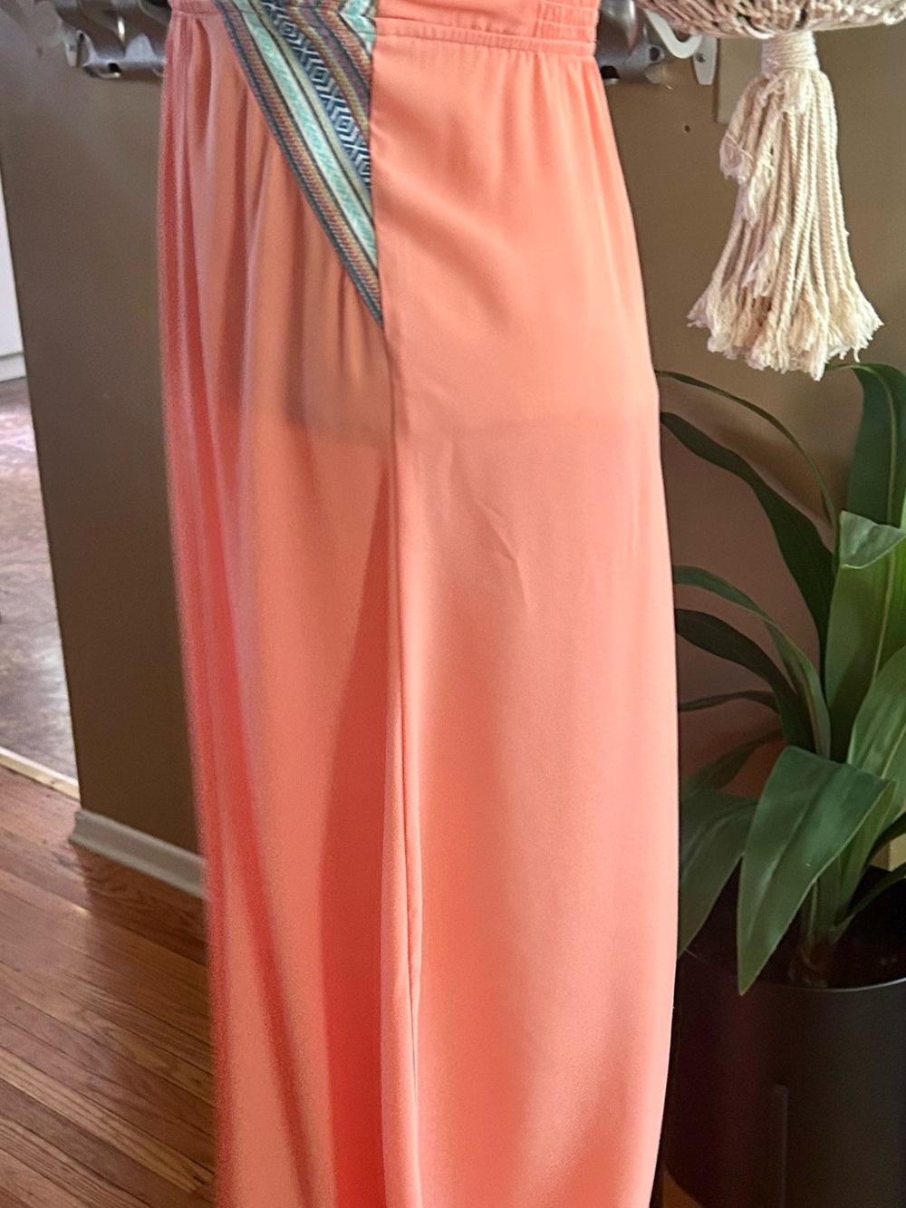 Strapless Coral Dress with Multicolor Embroidered V-Neck - Picture 6 of 11